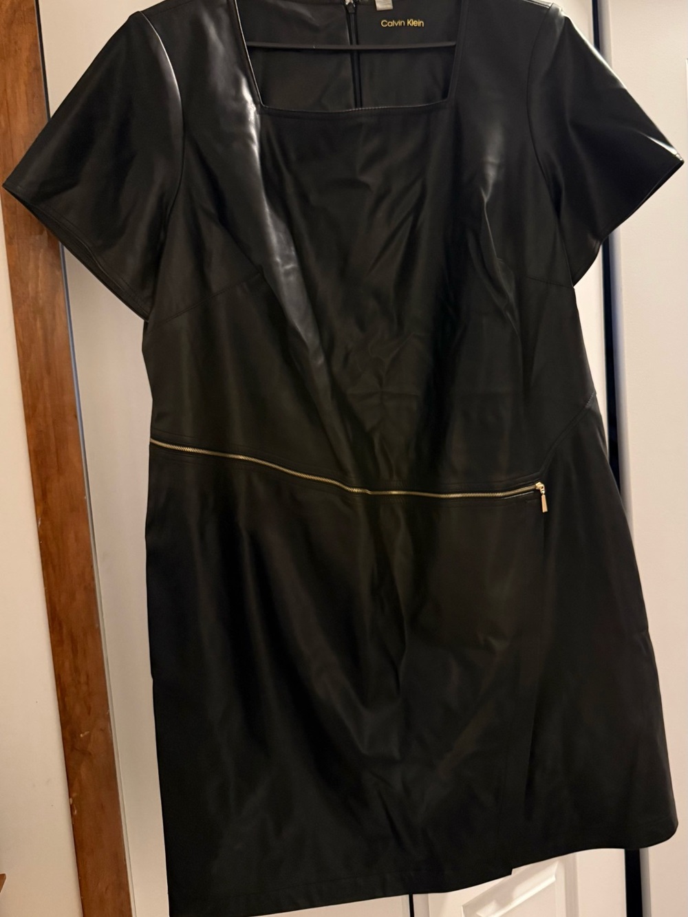 Calvin Klein Black Faux-Leather Midi Dress with Gold Zip